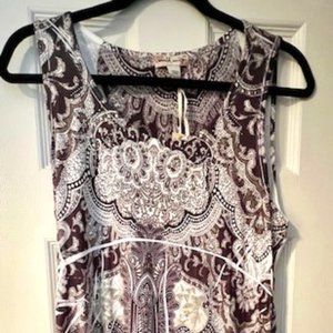 World Unity sleeveless scoop neck dress, browns & white, with metal decorations